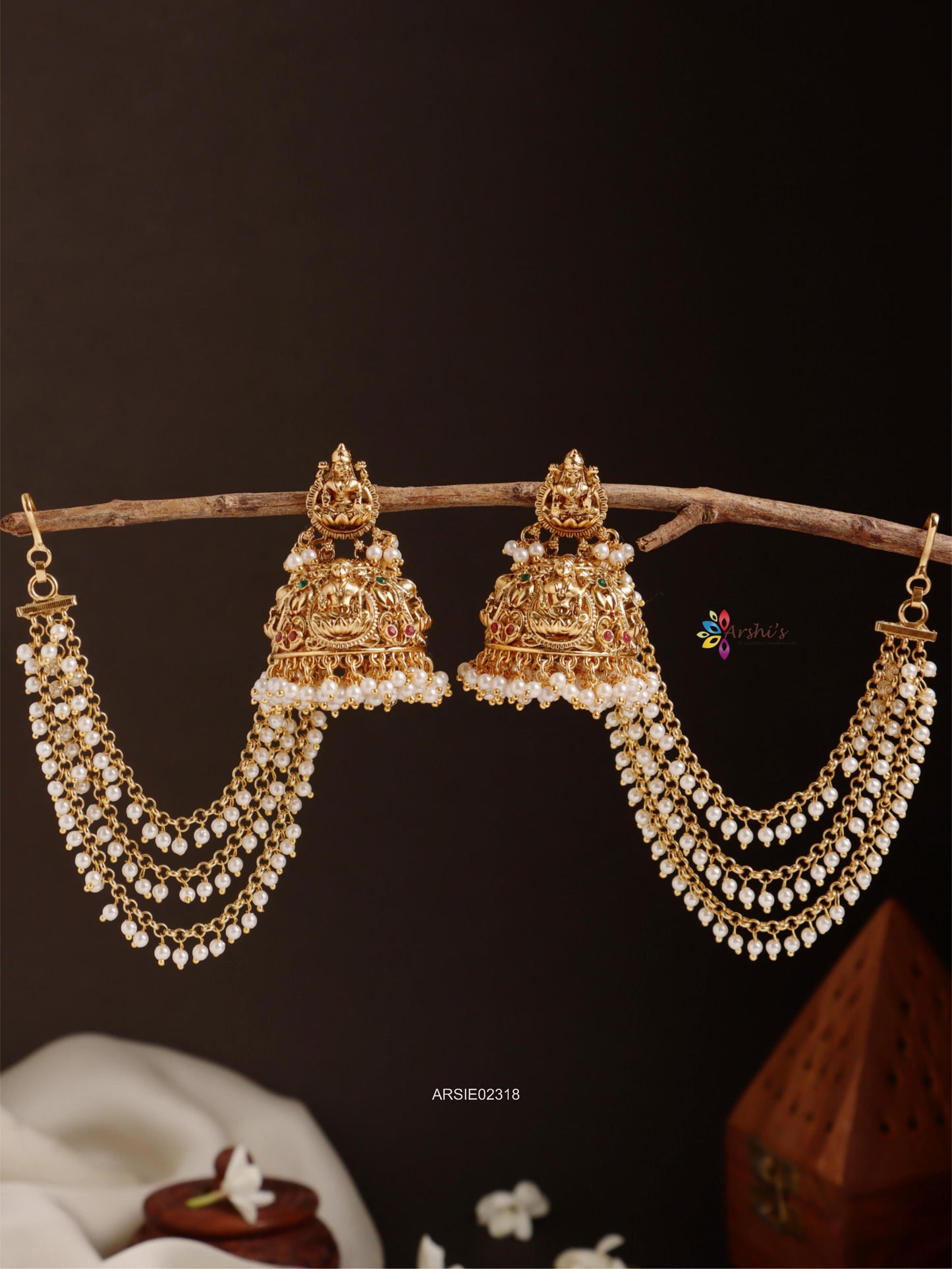 Bridal Temple Jhumka with Pearl Earchains