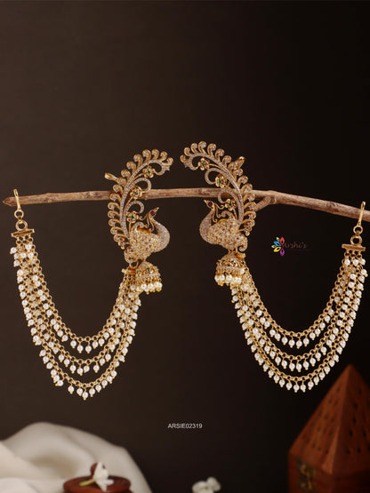 Peacock Earcuffs with Pearl Earchains