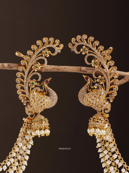 Peacock Earcuffs with Pearl Earchains