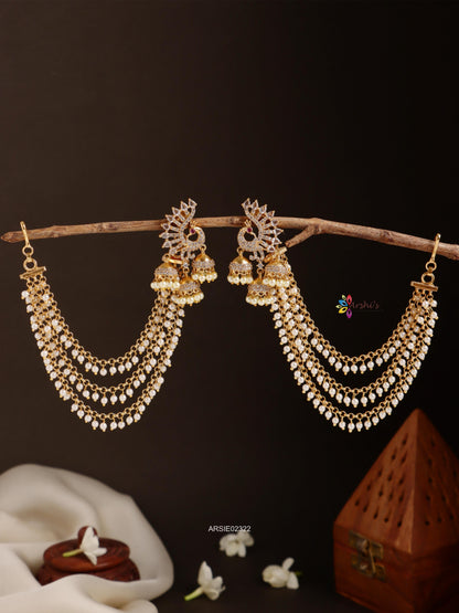 Peacock Triset White Stone Jhumka with Paerl Earchains