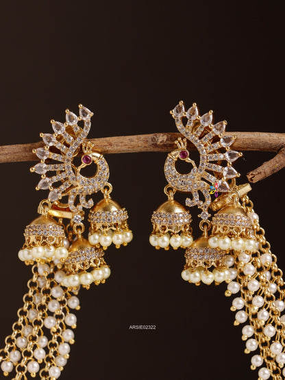 Peacock Triset White Stone Jhumka with Paerl Earchains