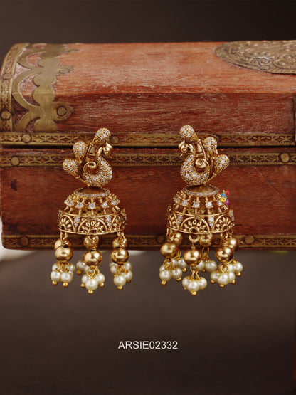 Peacock Gold Bead and Pearl Drop Jhumka