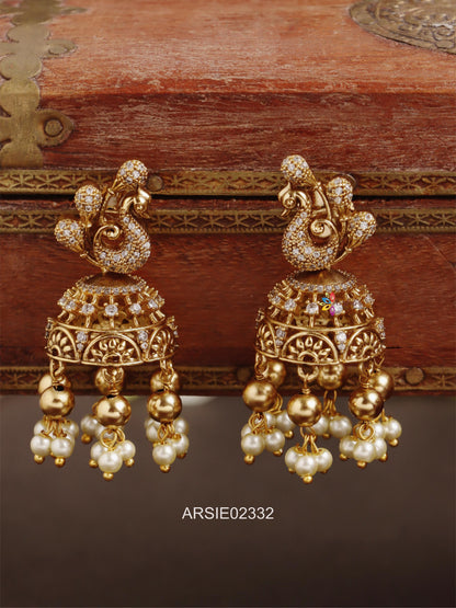 Peacock Gold Bead and Pearl Drop Jhumka