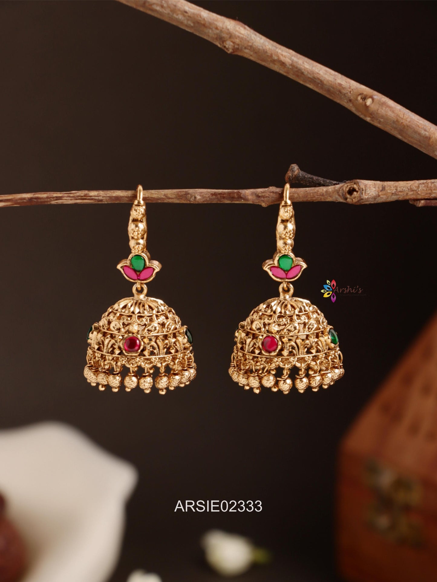 Red and Green Stone Hook Jhumka