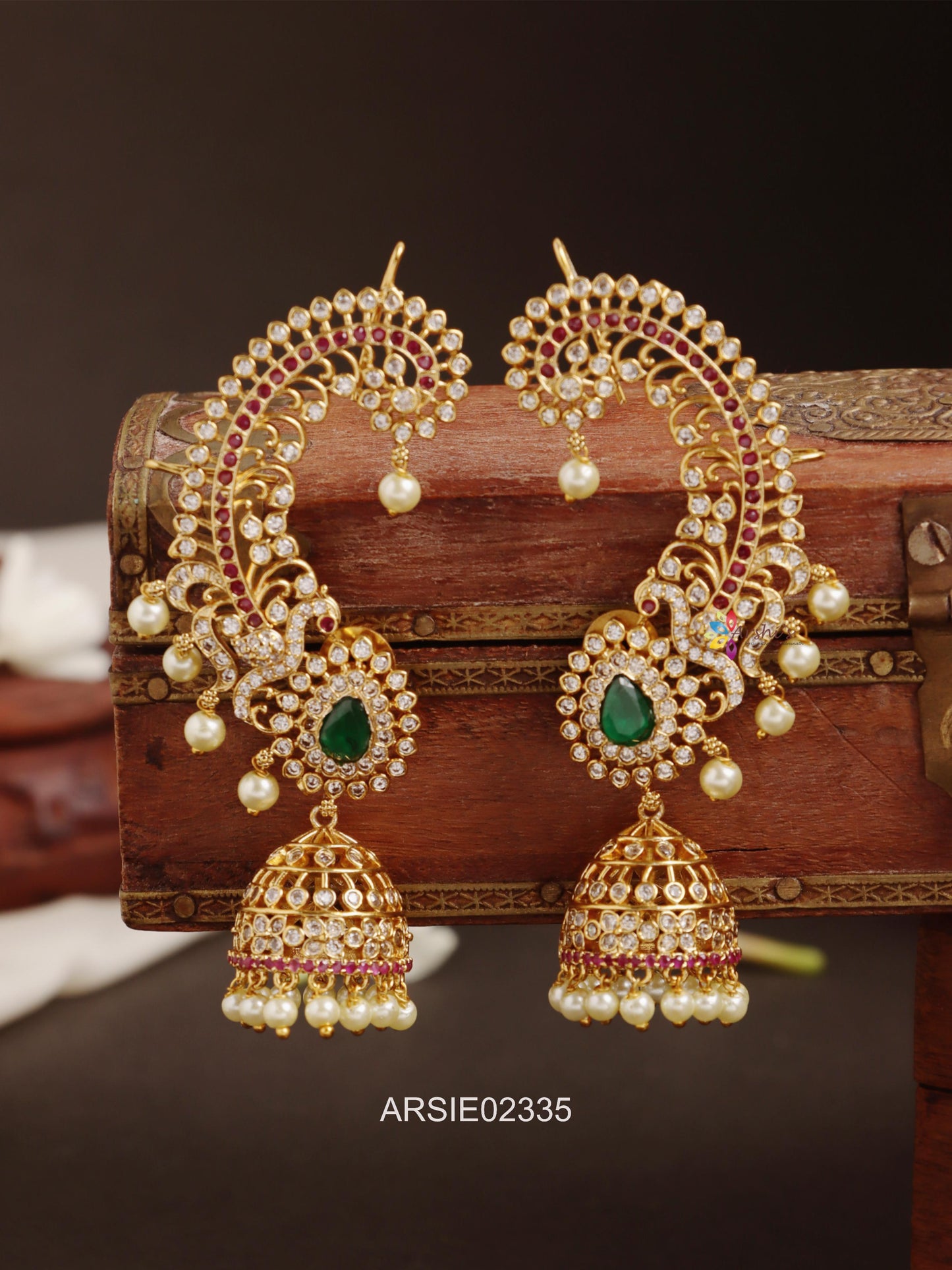 Peacock Red and Green Stone Earcuff Jhumka