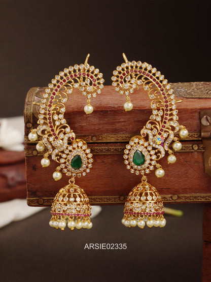 Peacock Red and Green Stone Earcuff Jhumka
