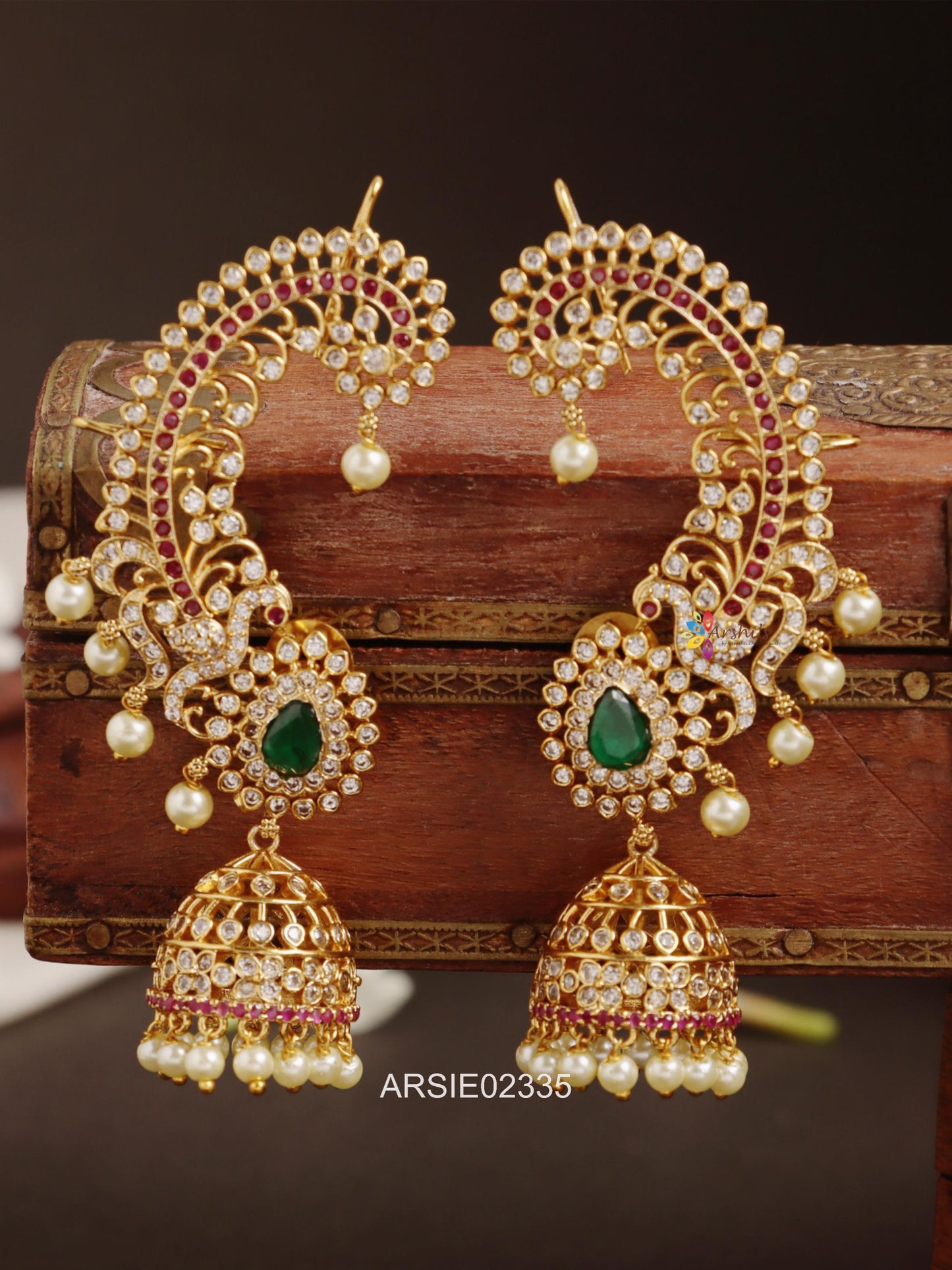 Peacock Red and Green Stone Earcuff Jhumka