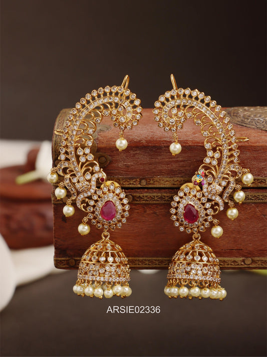Peacock Red and White Stone Earcuff Jhumka