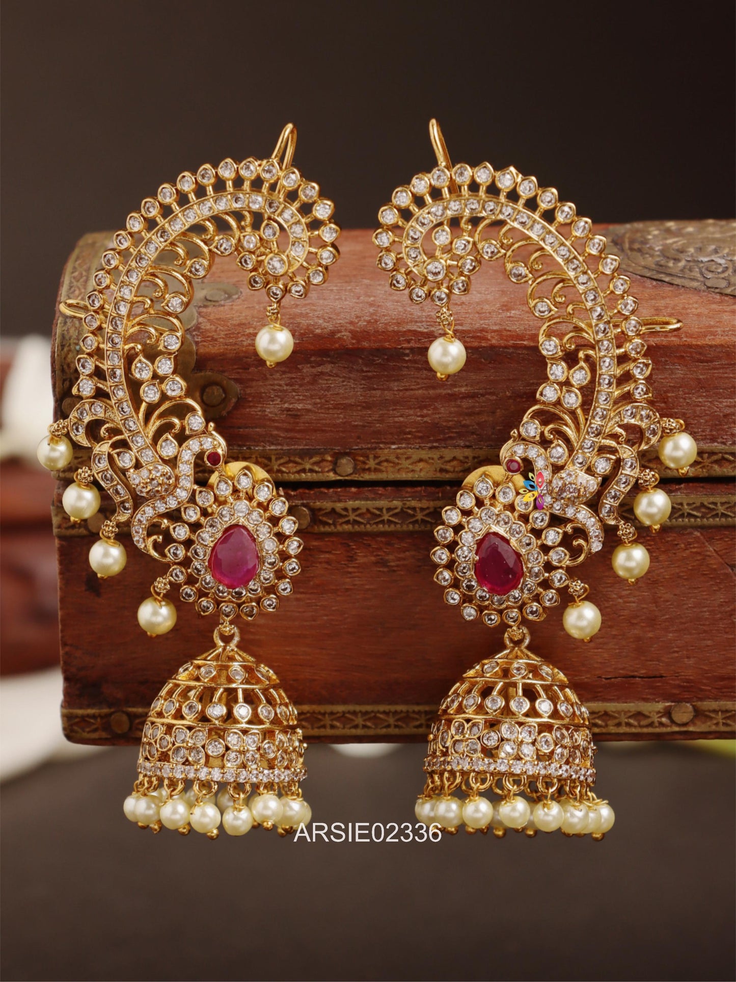 Peacock Red and White Stone Earcuff Jhumka