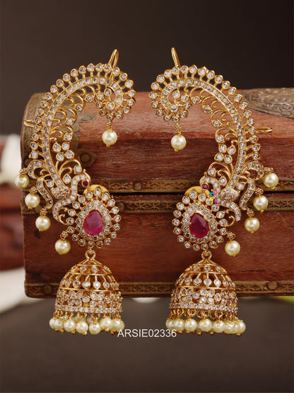 Peacock Red and White Stone Earcuff Jhumka