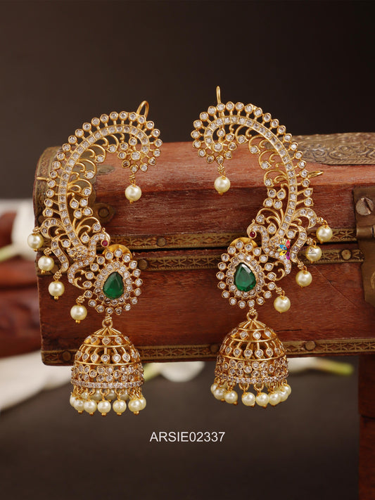 Peacock Emerald and White Stone Earcuff Jhumka