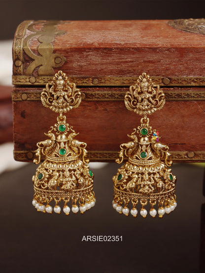 Lakshmi and Peacock Green Stone Long Jhumka