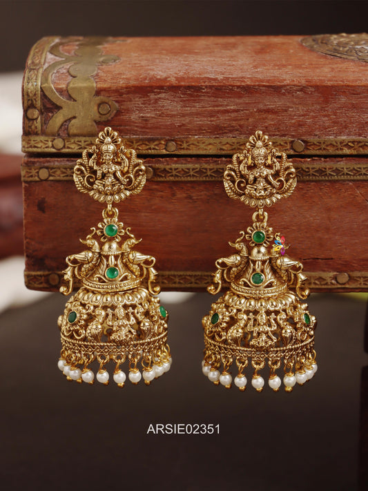 Lakshmi and Peacock Green Stone Long Jhumka