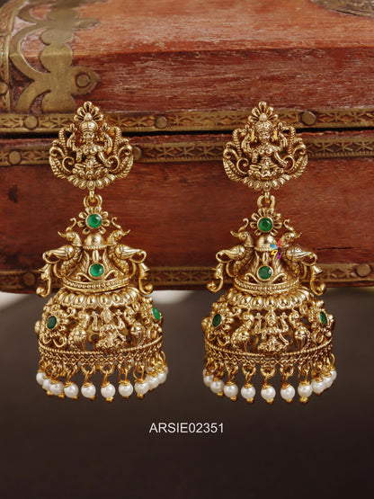 Lakshmi and Peacock Green Stone Long Jhumka