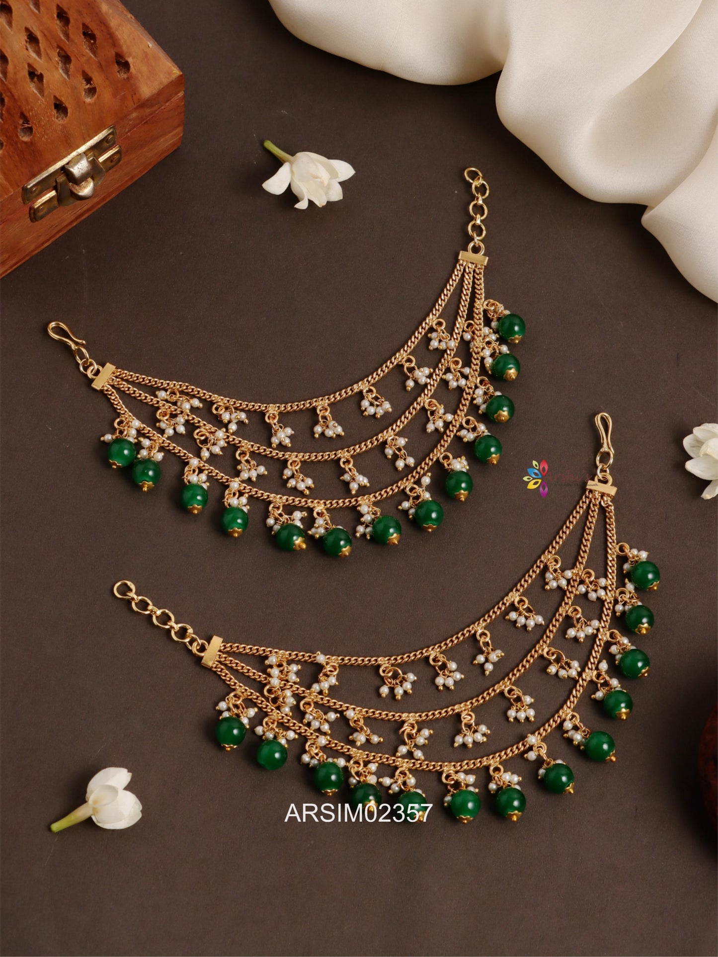 Three Layer Pearl and Green Bead Earchains