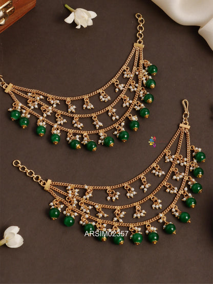Three Layer Pearl and Green Bead Earchains