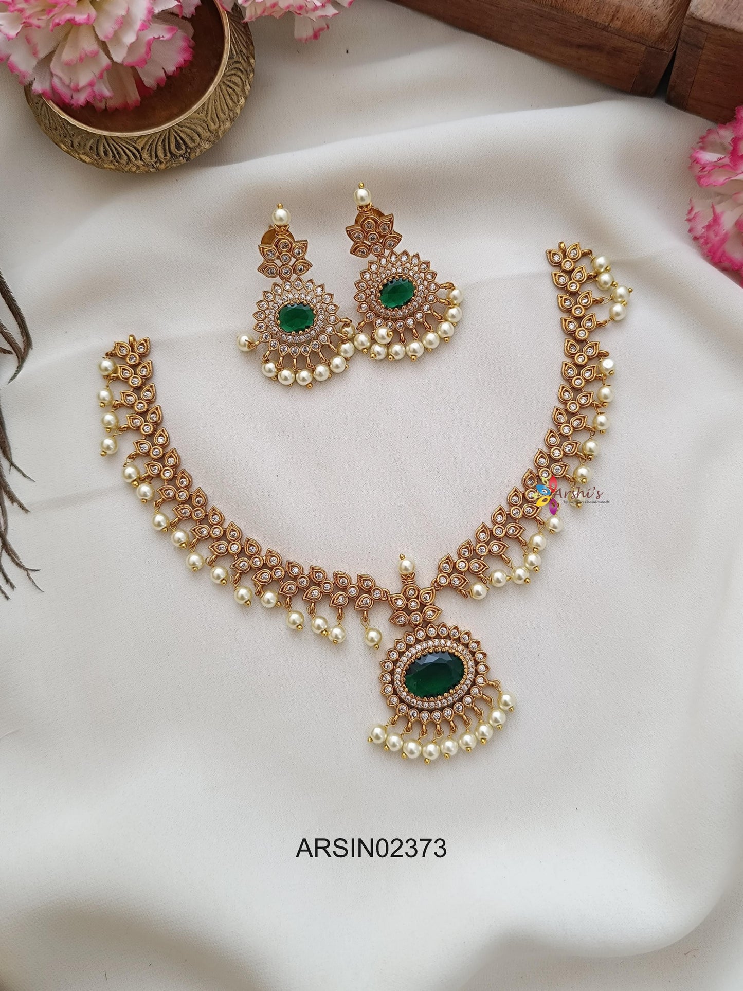 AD Stone Pearl Drop Emerald Necklace