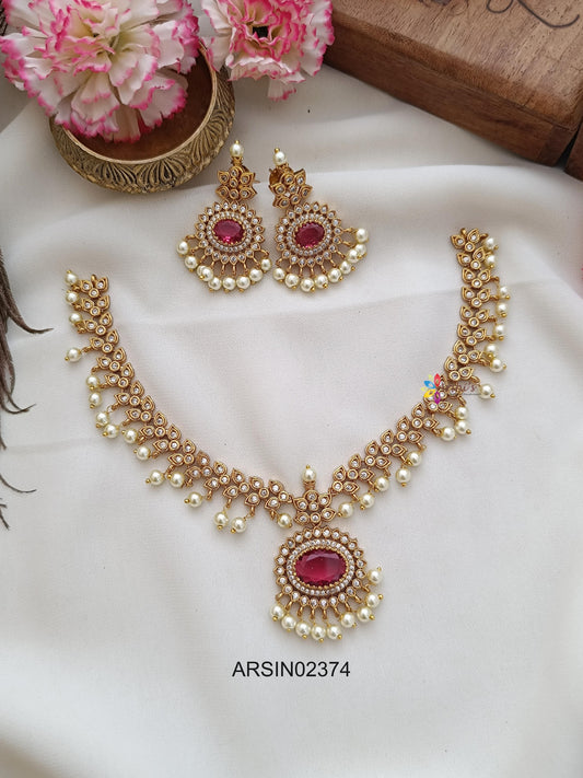 AD Stone Pearl Drop Ruby Necklace