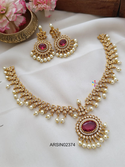 AD Stone Pearl Drop Ruby Necklace