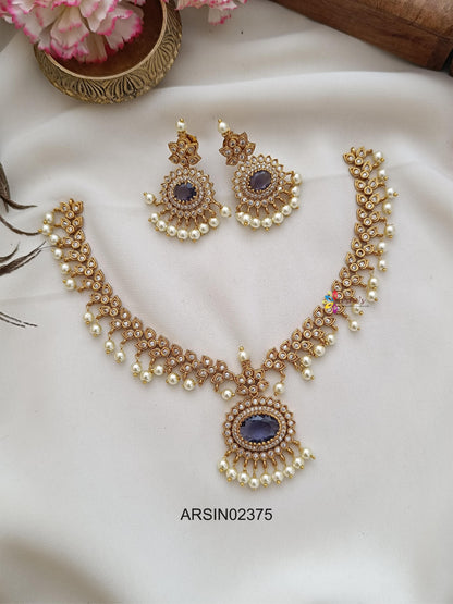 AD Stone Pearl Drop Purple Necklace