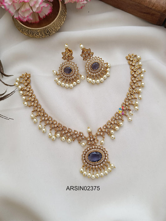 AD Stone Pearl Drop Purple Necklace