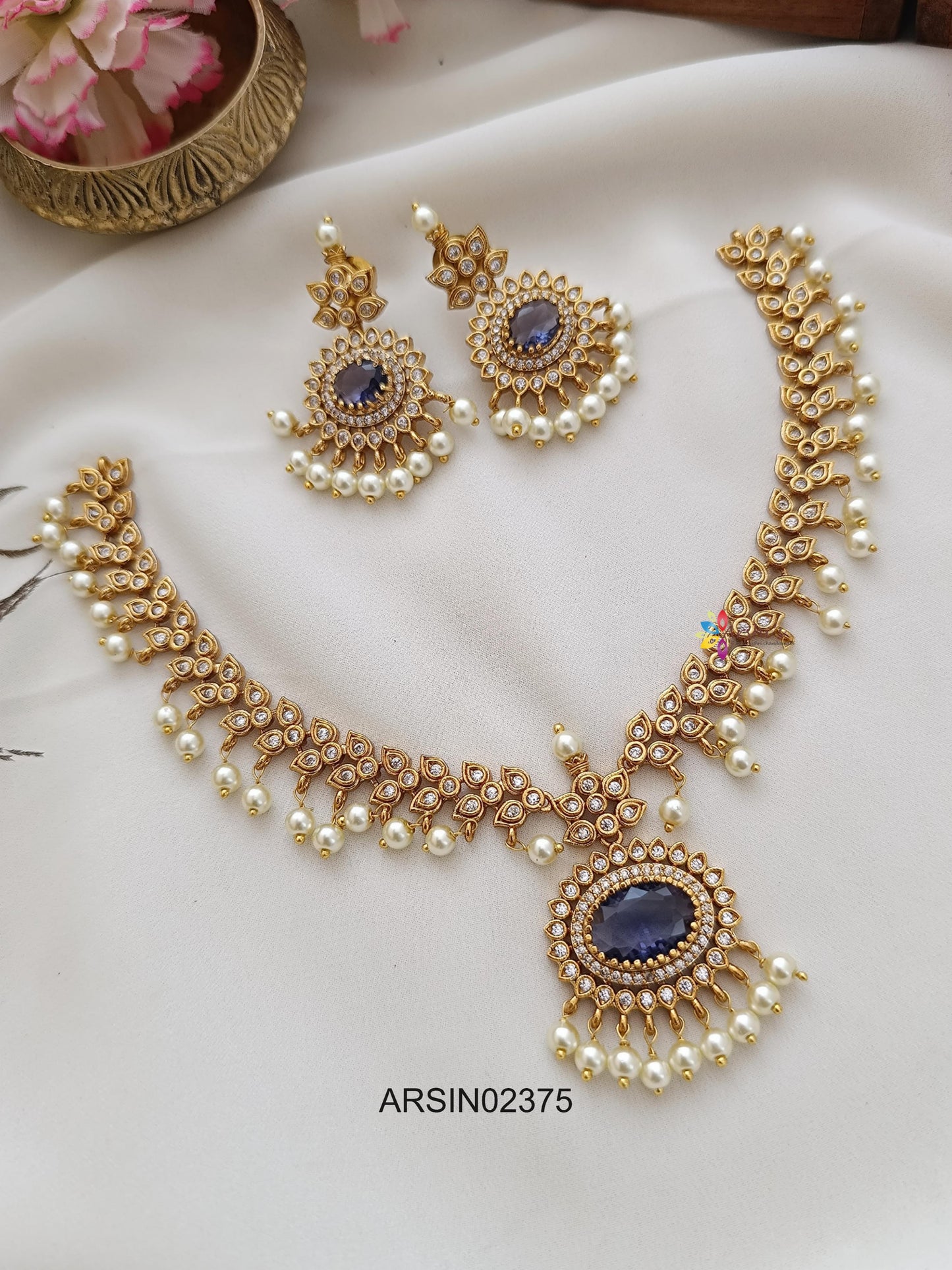 AD Stone Pearl Drop Purple Necklace