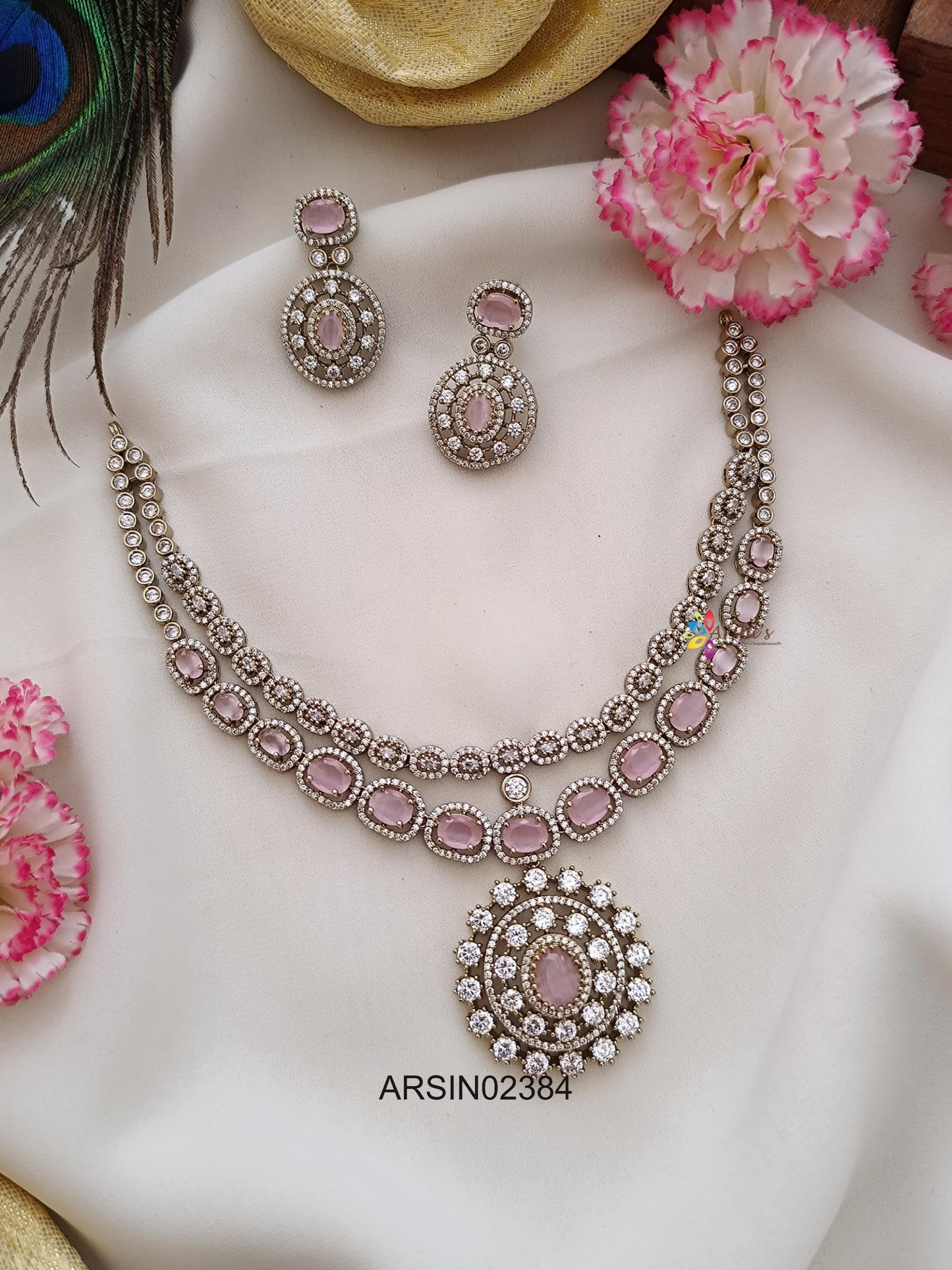 Fancy Rodium Polish Pale Pink Stone Necklace