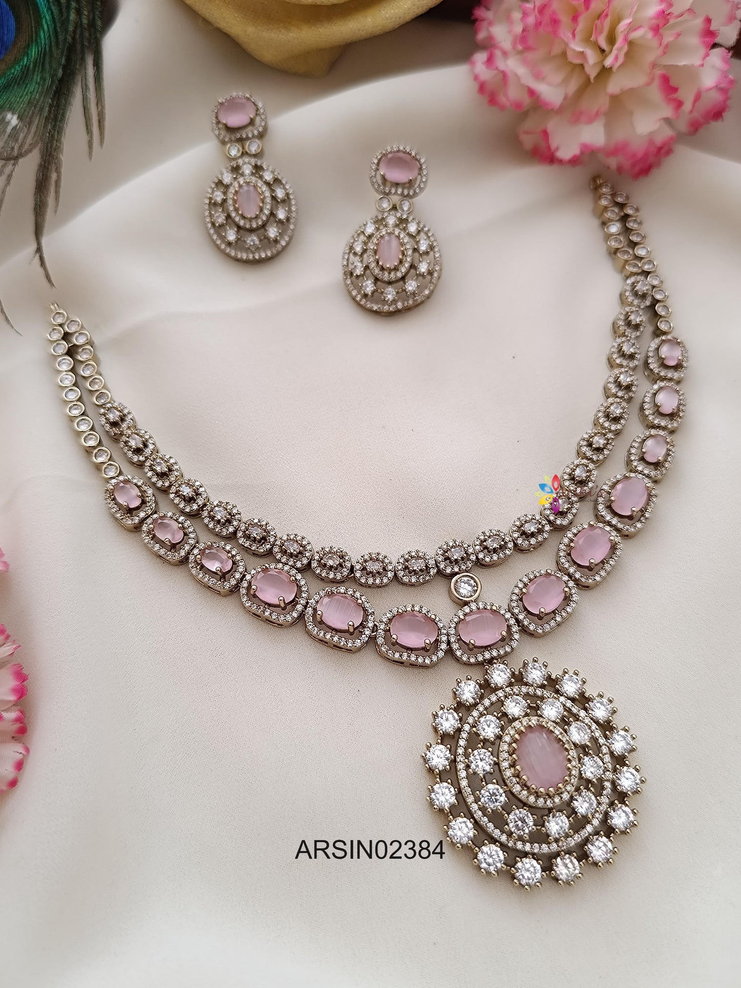 Fancy Rodium Polish Pale Pink Stone Necklace