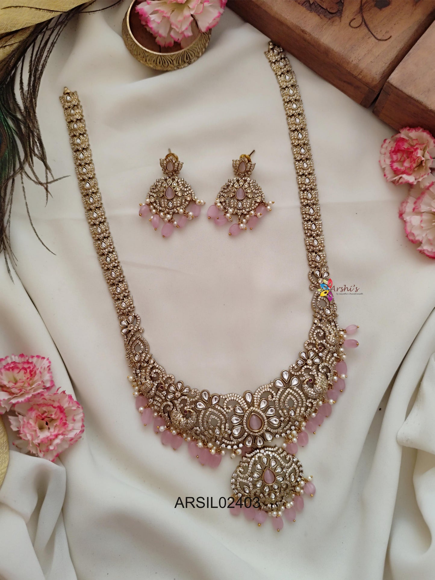 Lotus and Peacock AD Stone Pink Bead Long Haram