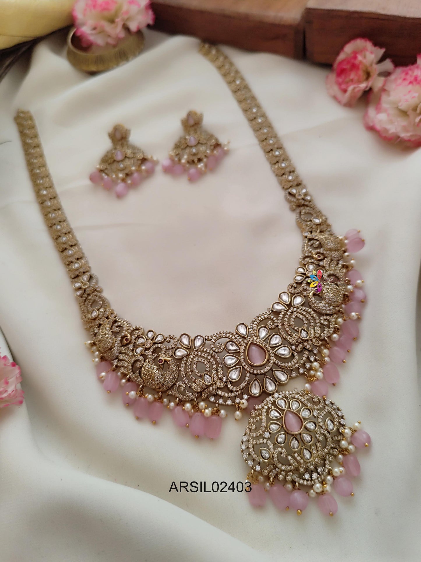 Lotus and Peacock AD Stone Pink Bead Long Haram