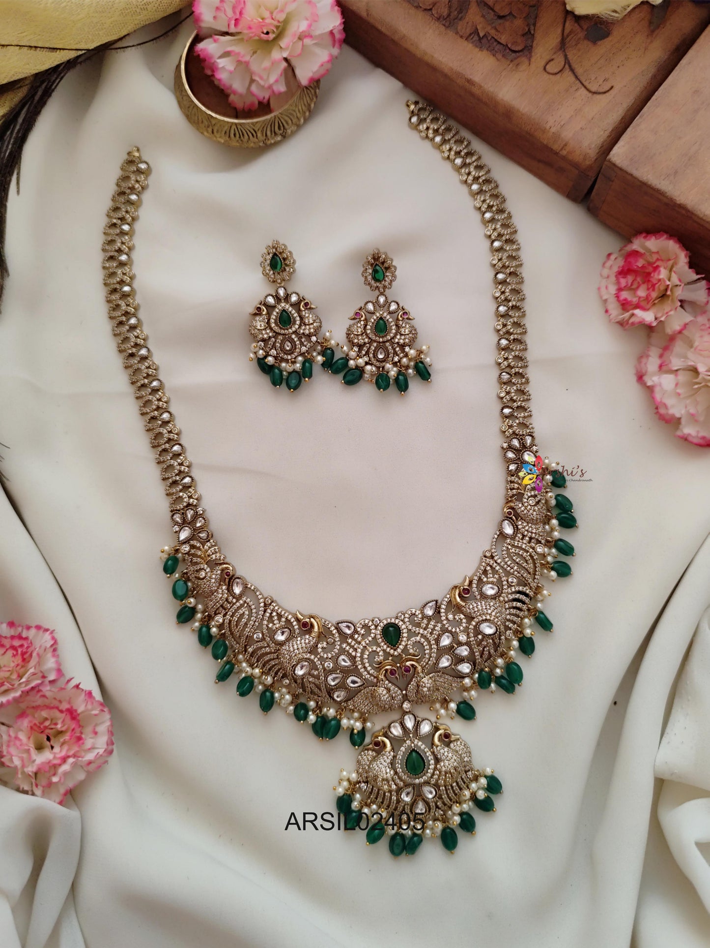 Mango and Peacock AD Stone Green Bead Long Haram