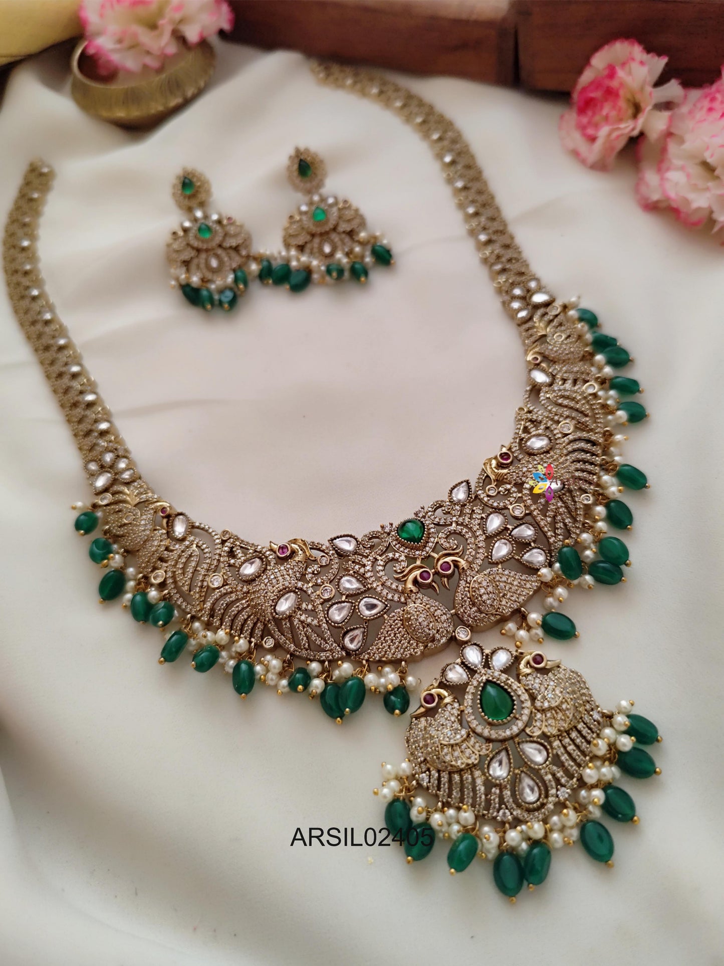 Mango and Peacock AD Stone Green Bead Long Haram