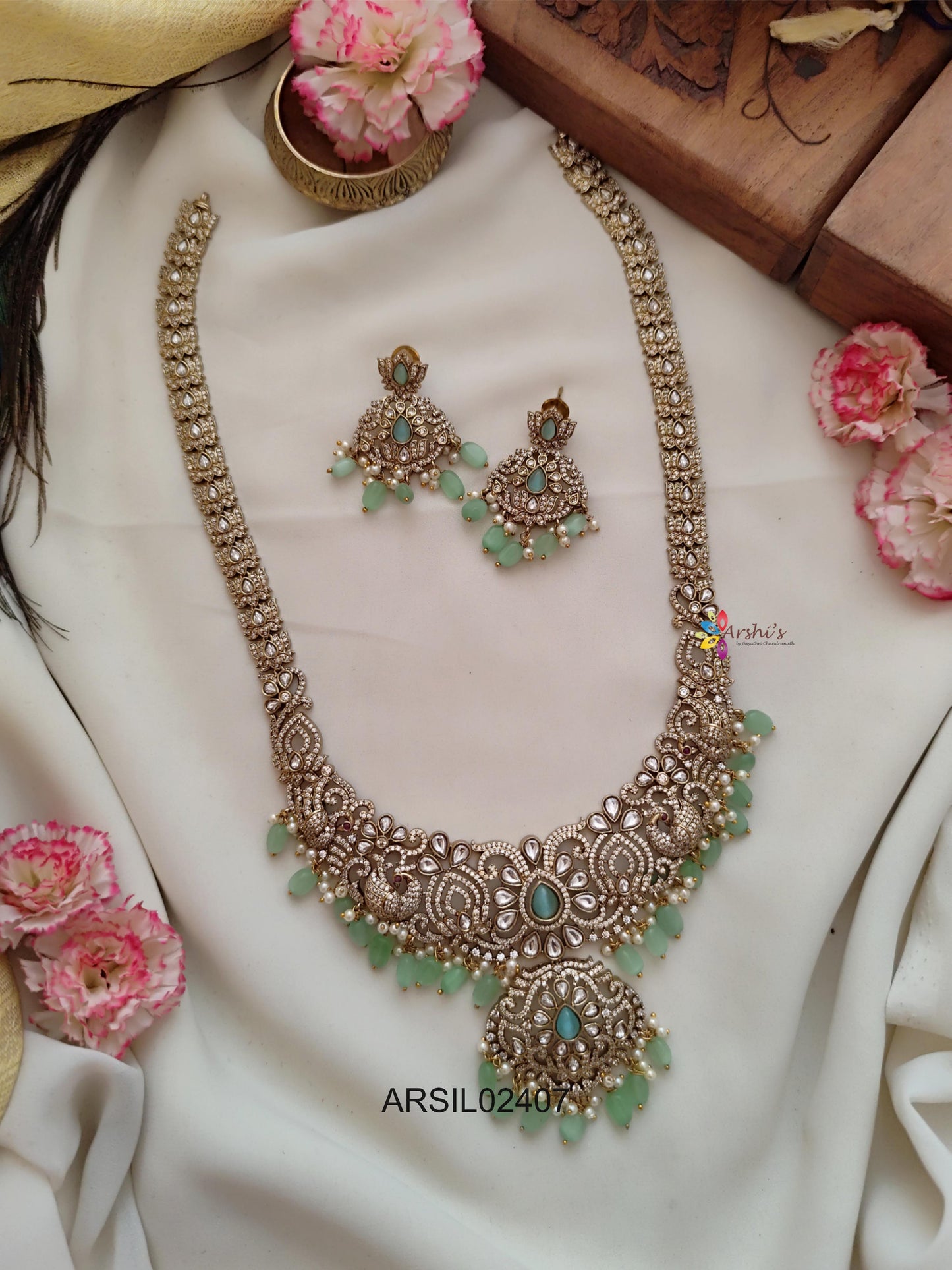 Lotus and Peacock AD Stone Pale Green Bead Long Haram