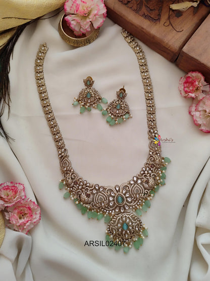 Lotus and Peacock AD Stone Pale Green Bead Long Haram