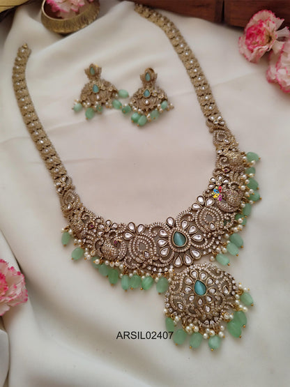 Lotus and Peacock AD Stone Pale Green Bead Long Haram