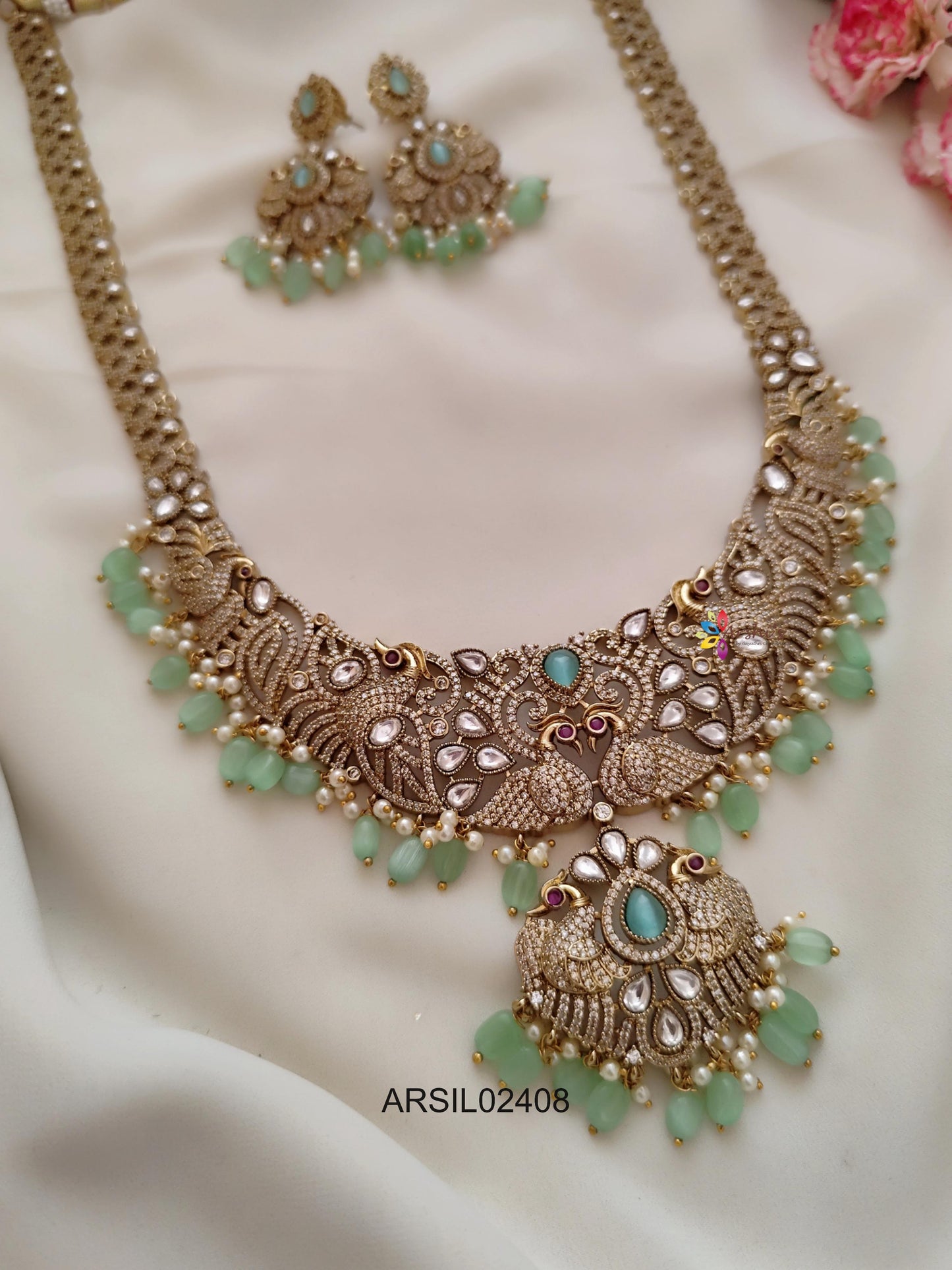 Mango and Peacock AD Stone Pale Green Bead Long Haram