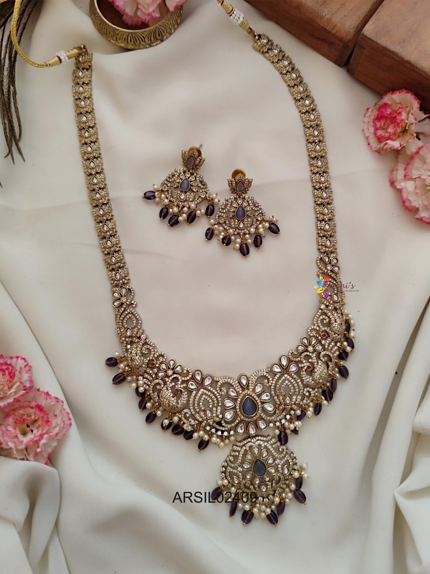 Lotus and Peacock AD Stone Purple Bead Long Haram