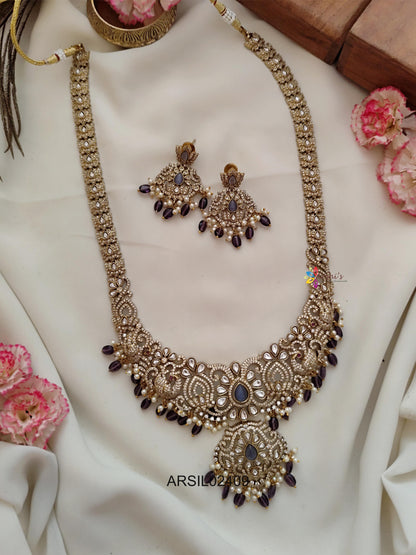 Lotus and Peacock AD Stone Purple Bead Long Haram