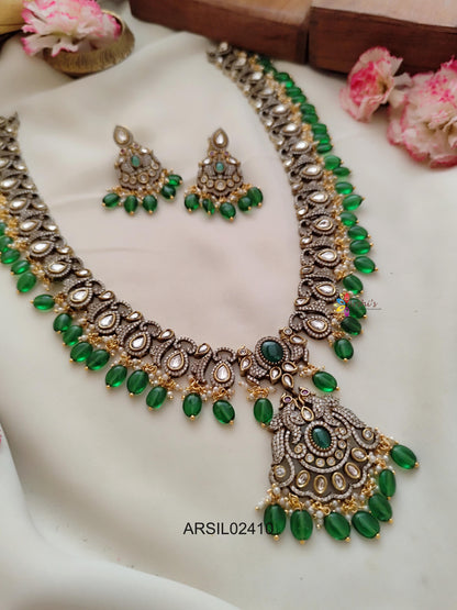 Kundan Stone Green Bead Long Haram