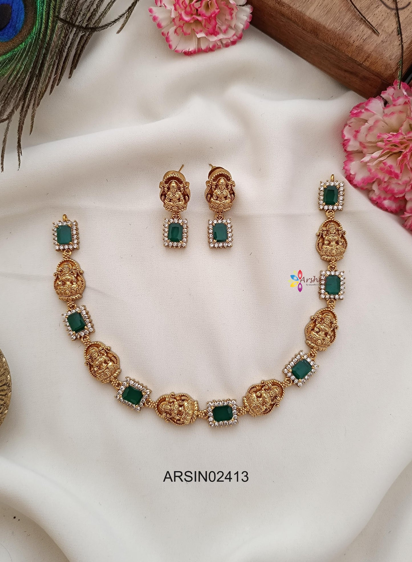 Emerald Stone and Lakshmi Idol Necklace