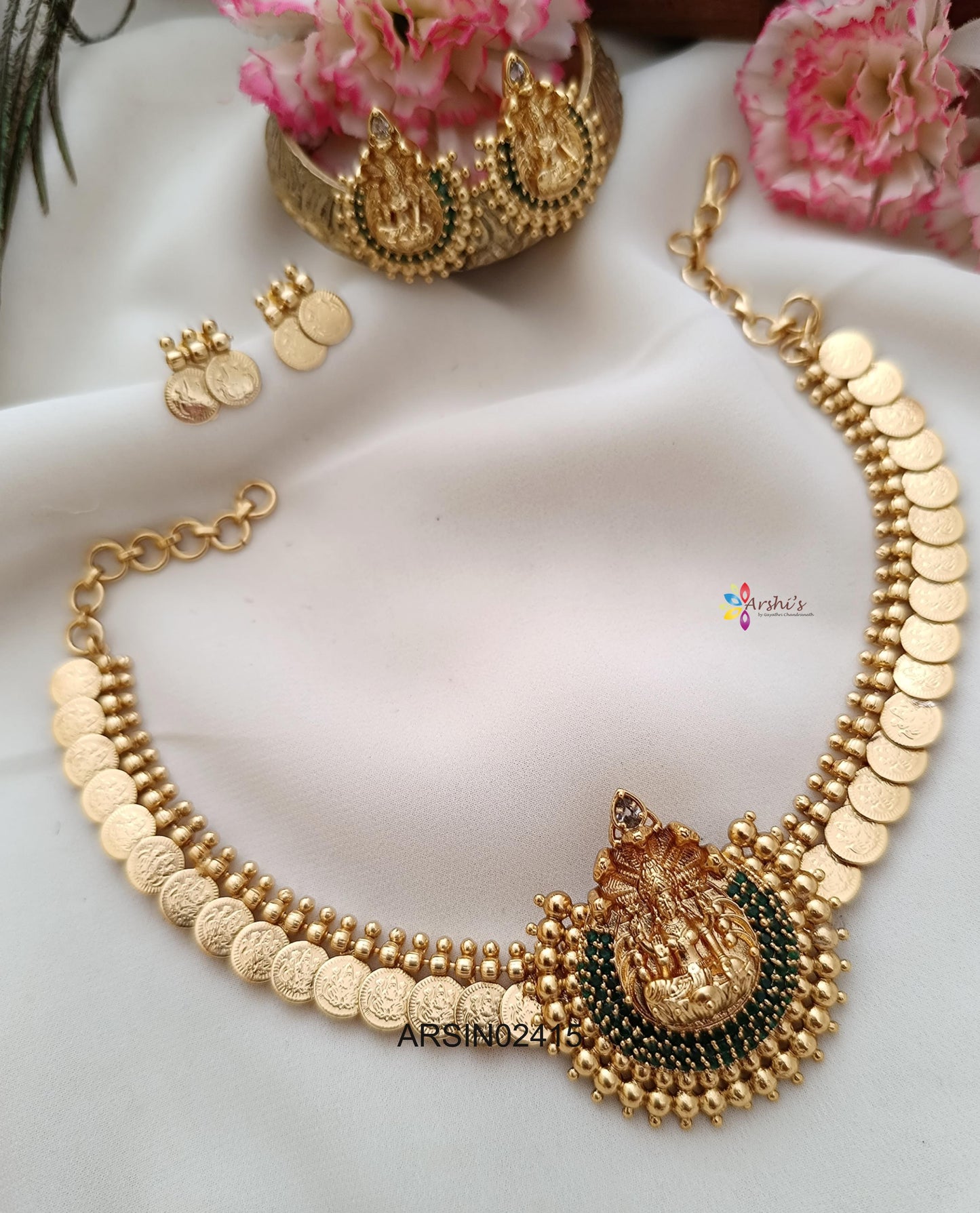 Lakshmi Coin Green Stone Necklace