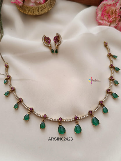 Green Tear Drops with Kemp and Whire Stone Necklace