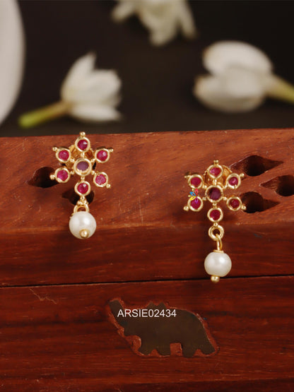 Flower Design Red Stone Pearl Drop Earstuds