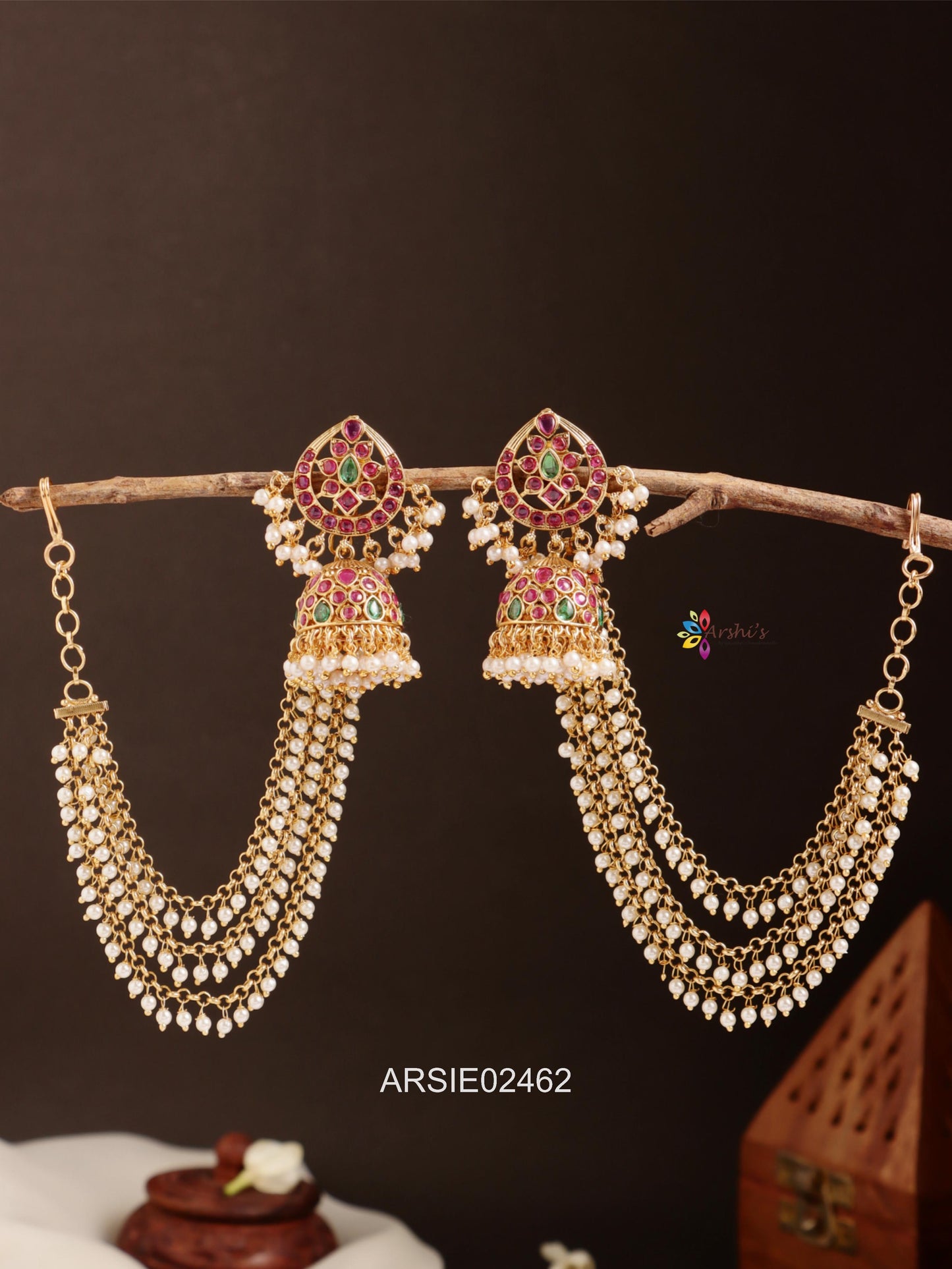 Kemp and Green Stone with Pearl Layer Earchains