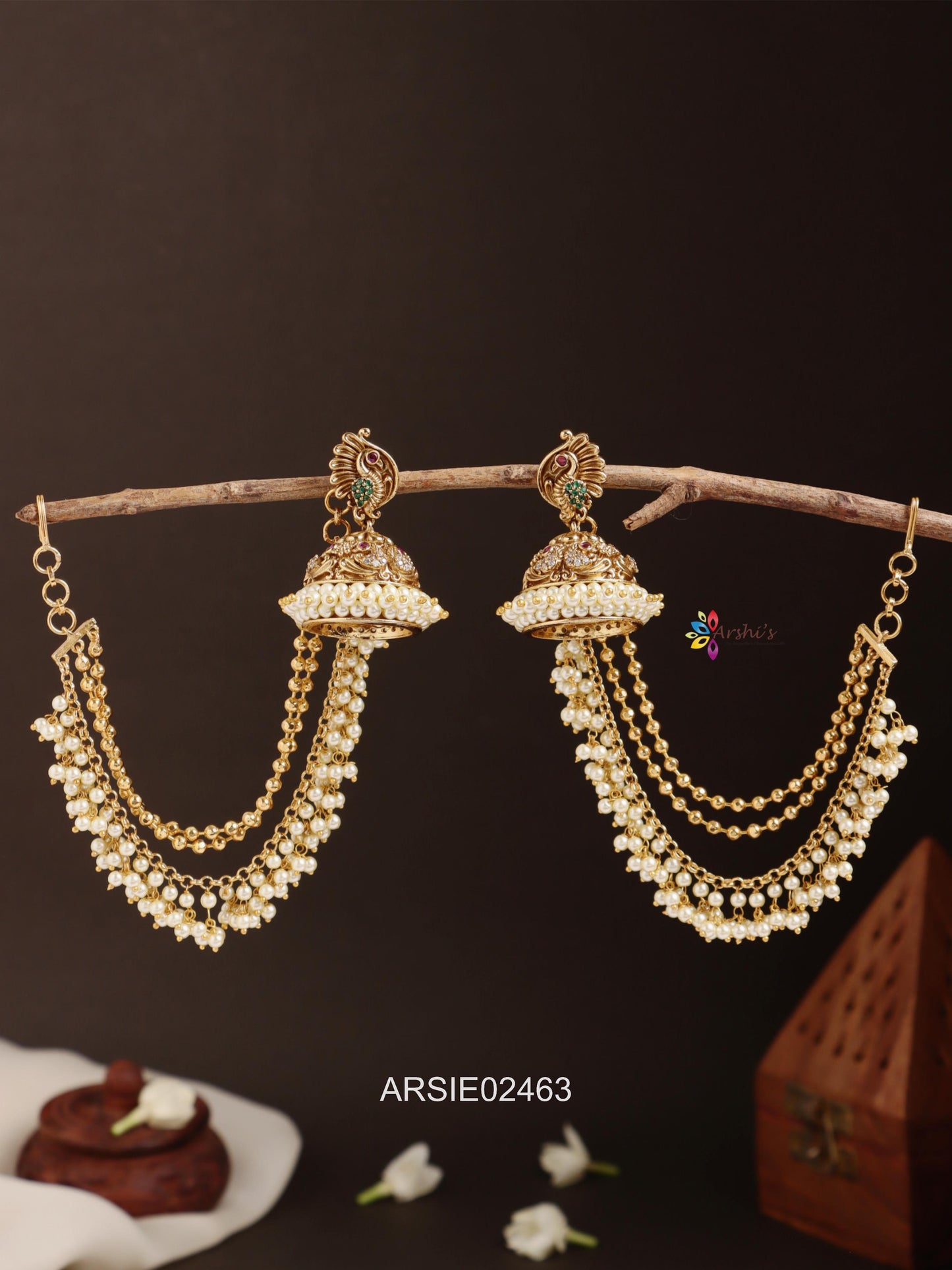 Peacock Design Pearl Gungroo Earrings with Pearl Earchains