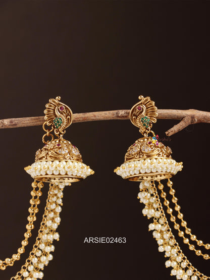 Peacock Design Pearl Gungroo Earrings with Pearl Earchains