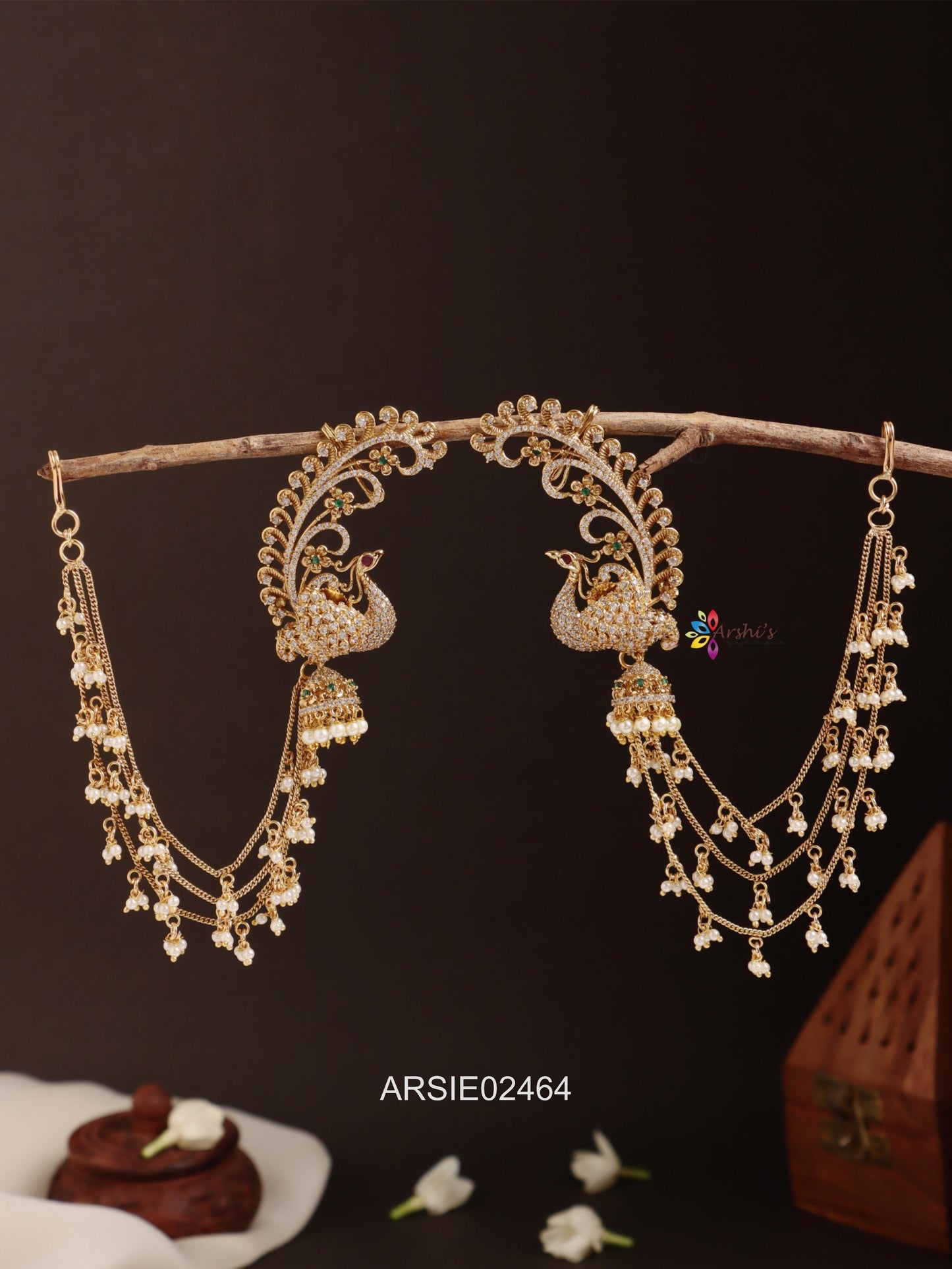 Peacock Earcuffs with Pearl Hangging Earchains