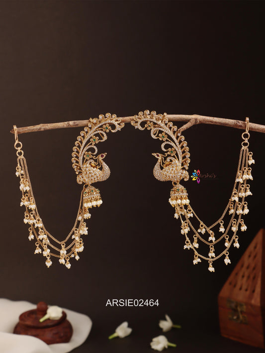 Peacock Earcuffs with Pearl Hangging Earchains