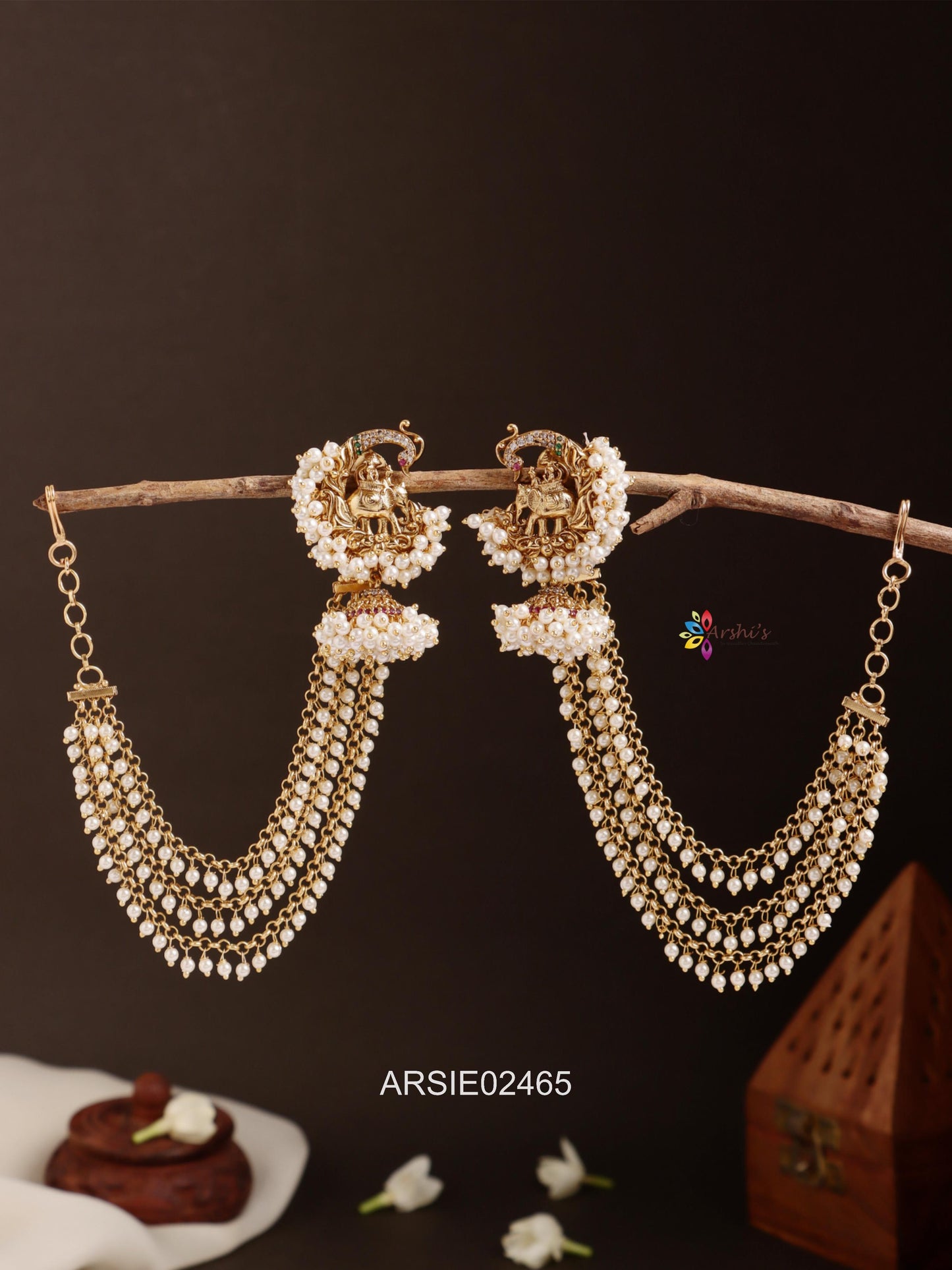 Elephant Crafted Earrings with Pearl Layer Earchains