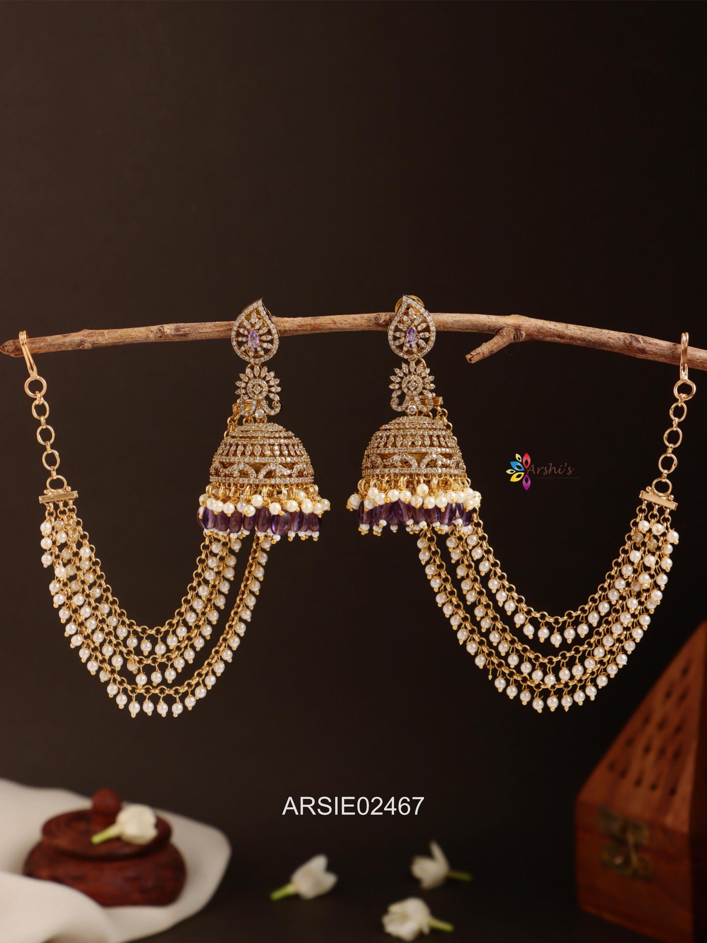 AD Stone Long Earrings with Pearl Layer Earchains